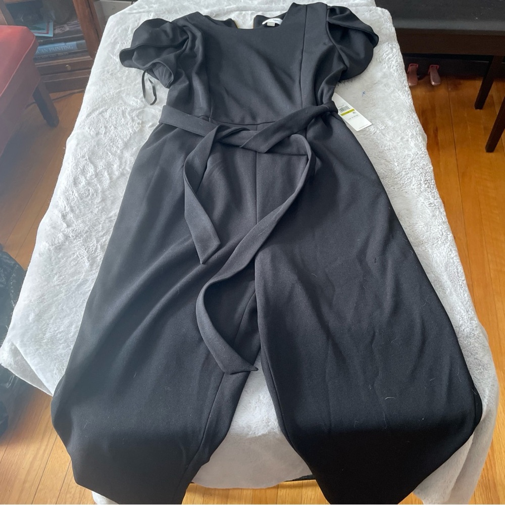 Calvin Klein Black Puff-Sleeve Jumpsuit with Tie Waist size 14 NWT